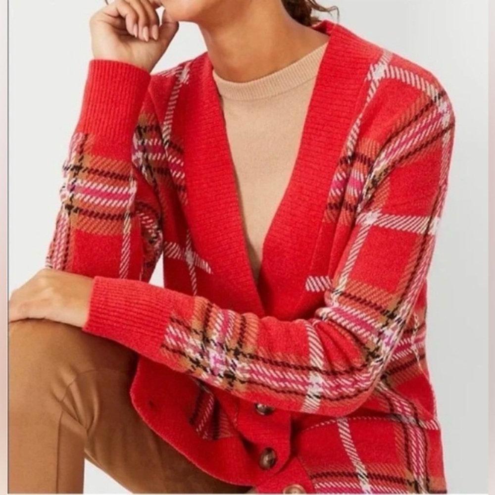 Ann Taylor Jacquard Plaid Boyfriend Cardigan (S) Ptp20”-24” (R$119) NWT - Picture 3 of 7